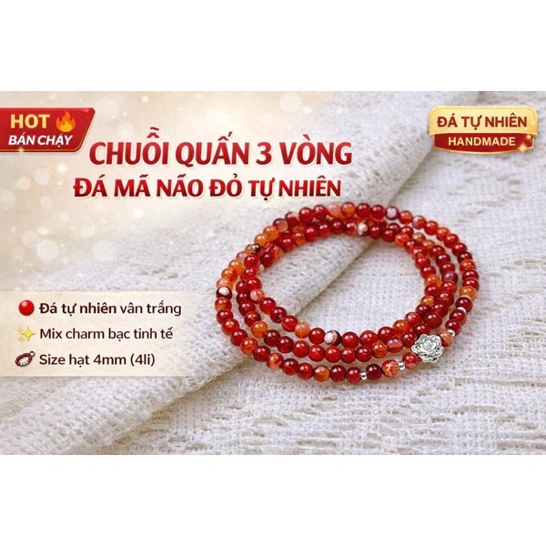 Chuỗi Quấn 3 Vòng Đá Mã Não Đỏ Tự Nhiên 4mm Mix Charm Bạc